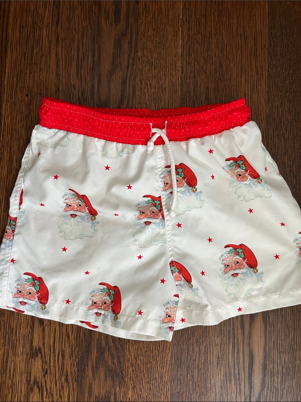 Kids Red & White Santa Print Swim Trunks